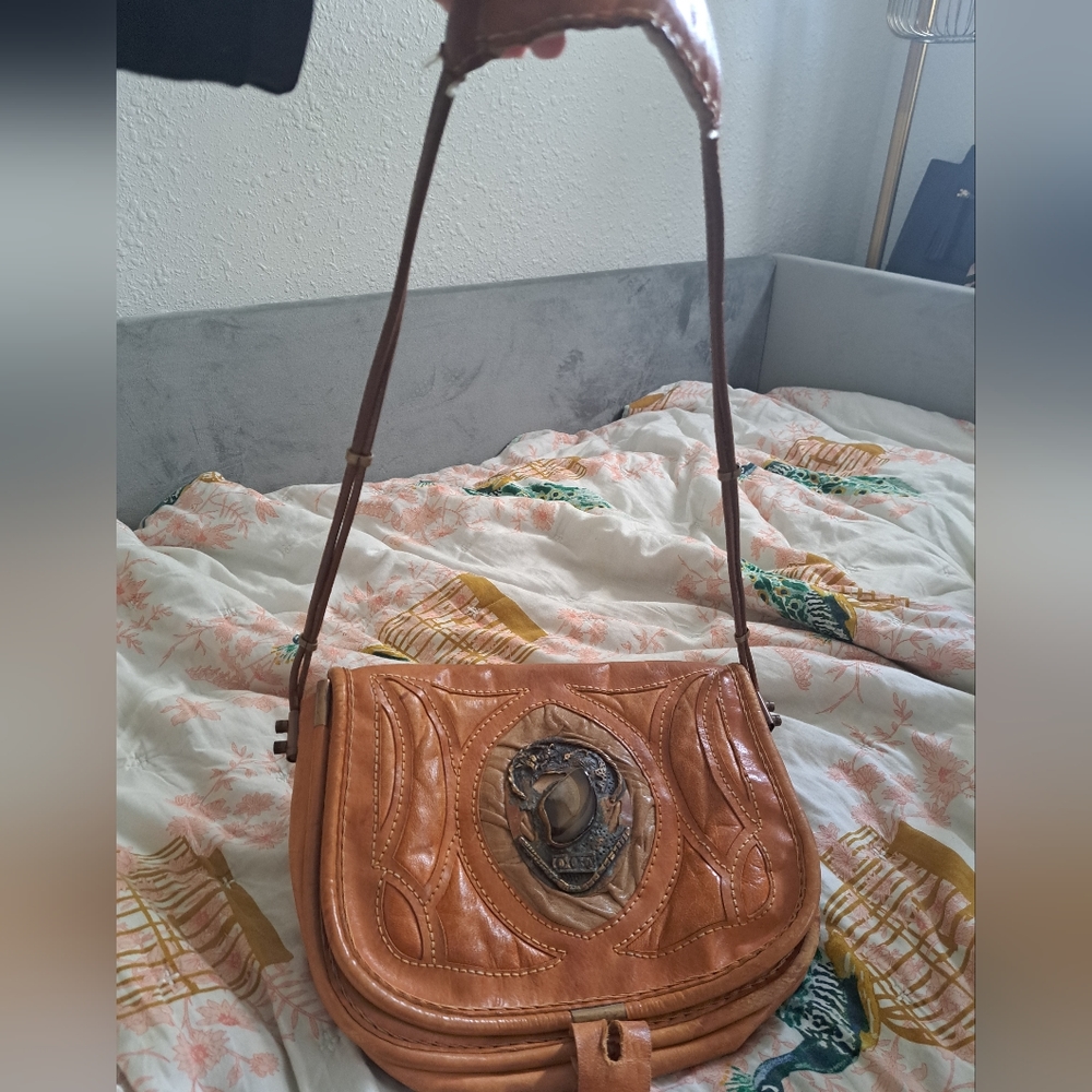 Vintage Bohemian Mexican Leather Tan Purse with Agate Stone